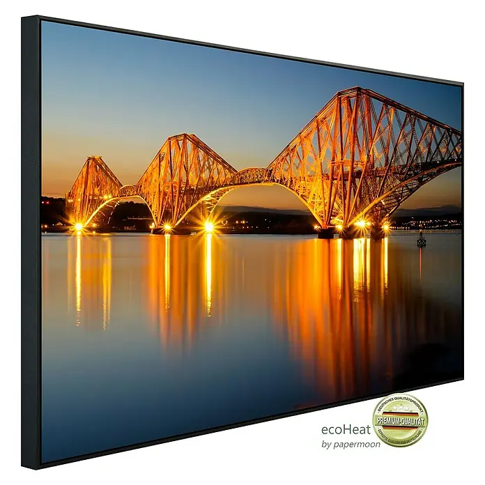 Papermoon Infrarot-Bildheizkörper Forth Eisenbahnbrücke Schottland - 90 x 50 cm, 450 W - Das Infrarot-Heizpaneel Ecoheat mit dem Motiv der Forth Bridge, gerahmt, sorgt für angenehme Wärme und ist ein echter Hingucker.