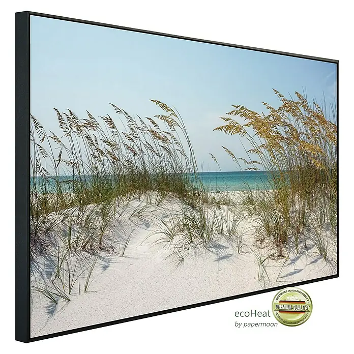 Papermoon Infrarot-Bildheizkörper Ocean Beach Dunes - 100 x 60 cm, 800 W - Das hochwertige Wandbild zeigt eine malerische Dünenlandschaft, gerahmt für eine stilvolle Wanddekoration in jedem Raum.