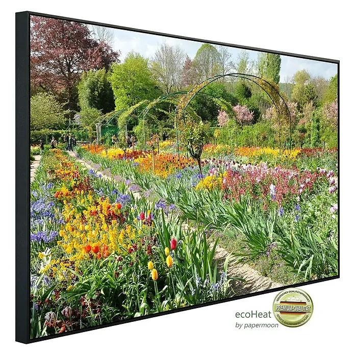 Papermoon Infrarot-Bildheizkörper Monets Garten 2 - 60 x 50 cm, 350 W - Das gerahmte Premium-Qualitätsbild zeigt einen Garten mit Blumenbeeten und grünen Bögen. Das Bild fängt die lebendige Farbenpracht der Natur ein.