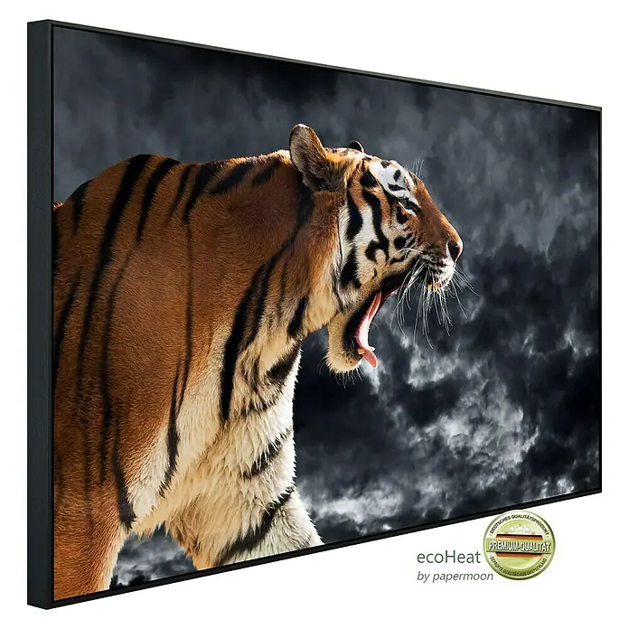 Papermoon Infrarot-Bildheizkörper Brüllender wilder Tiger - 60 x 50 cm, 350 W - Edler Leinwanddruck mit Tiger-Motiv im dunklen Rahmen. Hochwertige Wanddekoration für ein stilvolles Zuhause.