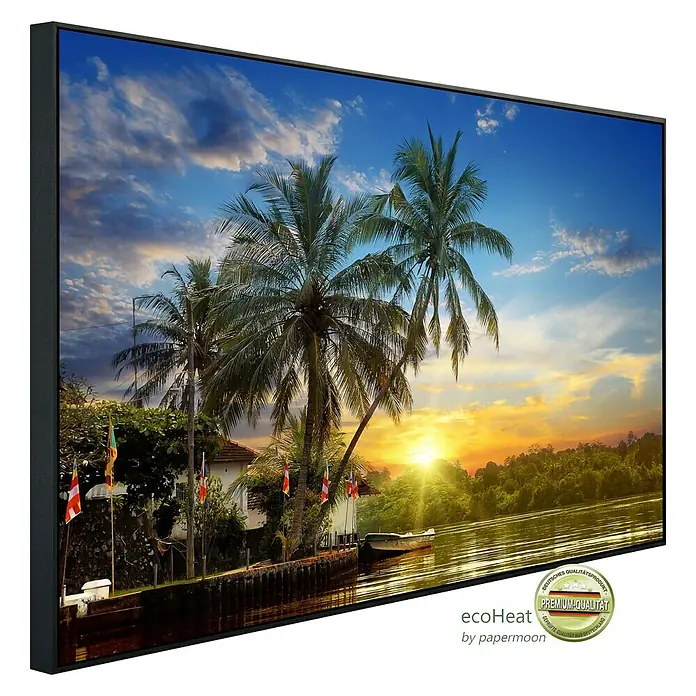 Papermoon Infrarot-Bildheizkörper Tropische Palmen im Sonnenaufgang - 100 x 60 cm, 800 W - Gerahmtes Bild mit einer tropischen Landschaft im Sonnenuntergang mit Palmen, Wasser und Boot. Premium Qualität.