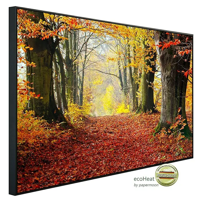 Papermoon Infrarot-Bildheizkörper Mystischer Herbstpfad - 60 x 50 cm, 350 W - Das Bild zeigt eine hochwertige Leinwand mit einem herbstlichen Waldweg, gerahmt in einem eleganten, schwarzen Rahmen.
