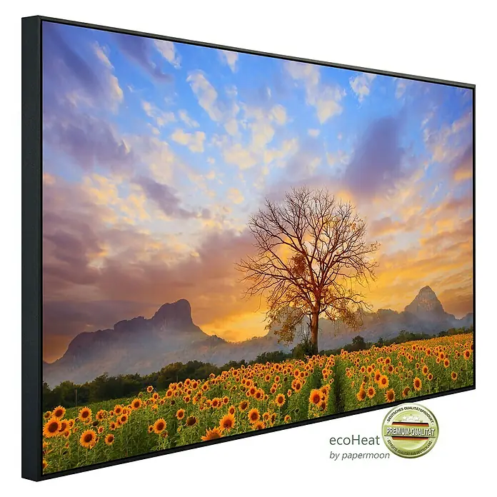 Papermoon Infrarot-Bildheizkörper Sonnenblumenlandschaft - 120 x 60 cm, 1.000 W - Ein gerahmtes Wandbild mit einem Sonnenblumenfeld bei Sonnenuntergang. Dekoratives Landschaftsgemälde für ein stilvolles Zuhause.