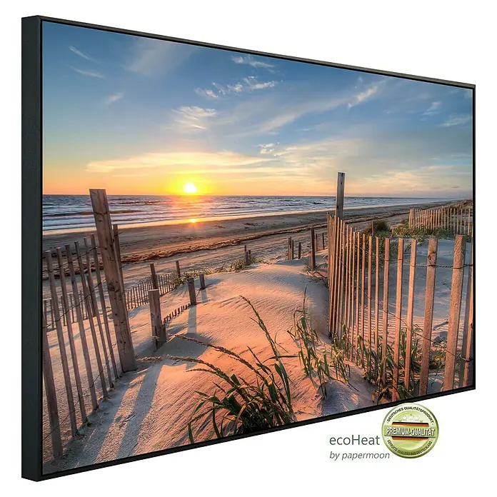 Papermoon Infrarot-Bildheizkörper Outer Banks Dunes - 100 x 60 cm, 600 W - Elegantes Wandbild mit Strandmotiv bei Sonnenuntergang, ein Premium-Qualitätsprodukt, das jedem Raum eine beruhigende Atmosphäre verleiht.