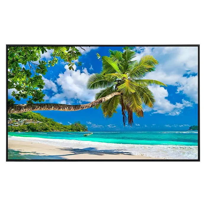 Papermoon Infrarot-Bildheizkörper Seychellen Palm Beach - 100 cm x 600 mm, 600 W - Tropisches Strandbild mit einer sich neigenden Palme, weißem Sand und türkisfarbenem Wasser, eingefasst in einem eleganten schwarzen Rahmen.