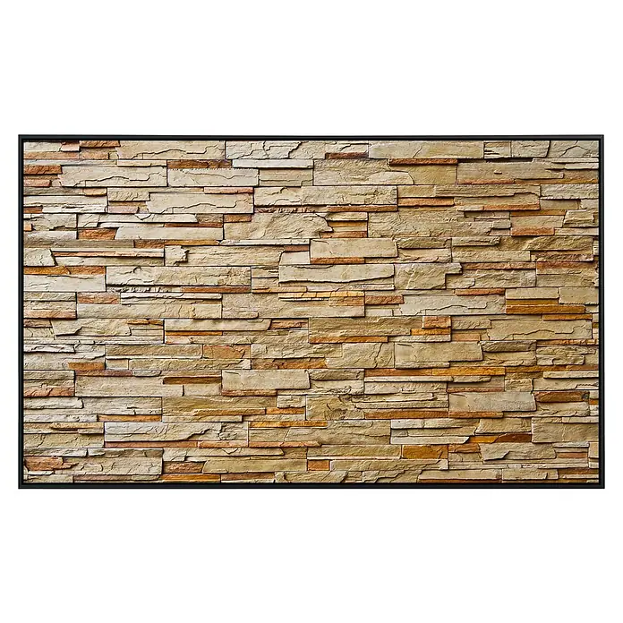 Papermoon Infrarot-Bildheizkörper Steinwand 2 - 90 cm x 500 mm, 450 W - Nahaufnahme einer Wand mit dekorativen Steinfurnieren in verschiedenen Größen und Erdtönen, gerahmt.