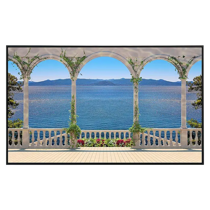 Papermoon Infrarot-Bildheizkörper Terrasse mit Kolonnade - 120 cm x 600 mm, 1.200 W - Mediterrane Aussicht von einer Terrasse mit Säulen und Meerblick. Der Fokus liegt auf dem idyllischen und friedvollen Ausblick.