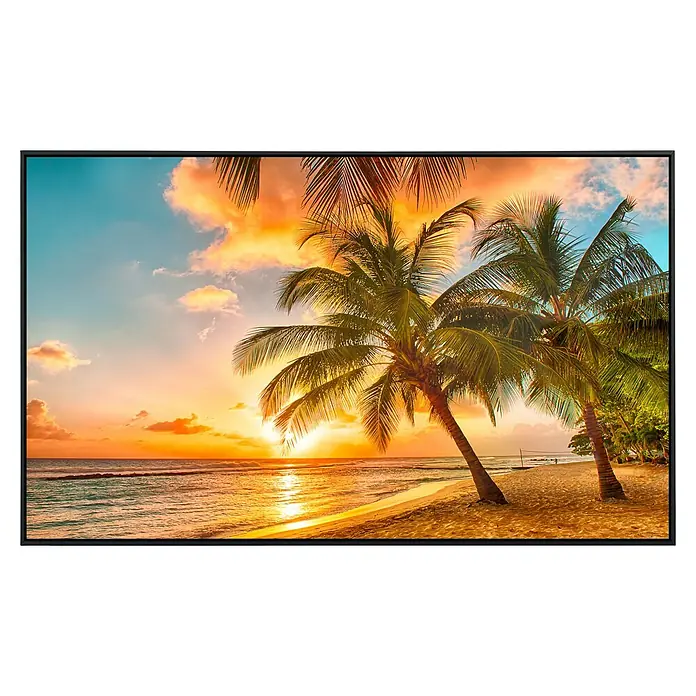 Papermoon Infrarot-Bildheizkörper Barbados Palm Beach 1 - 100 cm x 600 mm, 600 W - Wandkunst mit dem Motiv einer tropischen Strandlandschaft bei Sonnenuntergang, eingerahmt und fertig zur Aufhängung, ideal für Wohnzimmer.