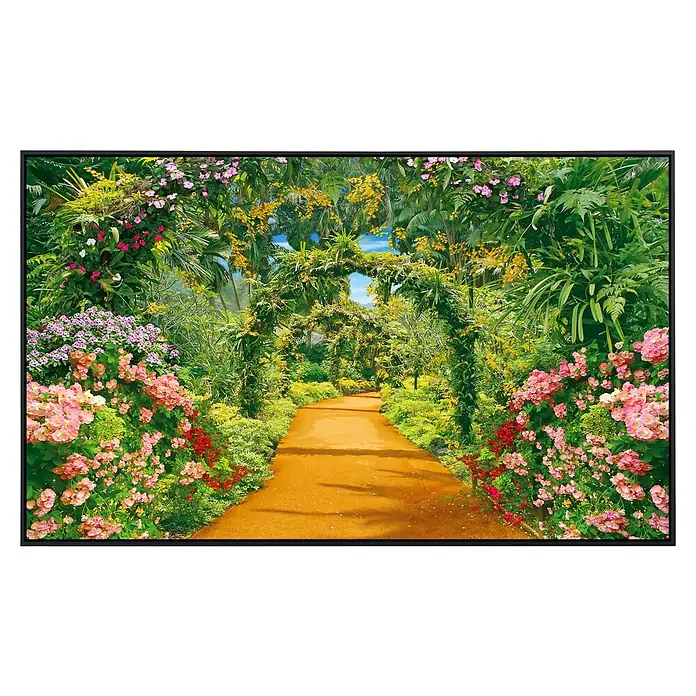 Papermoon Infrarot-Bildheizkörper Blumengasse - 120 cm x 600 mm, 1.200 W - Farbenfrohes Gartenbild mit blühenden Blumen und einem Weg, der unter einem grünen Laubengang hindurchführt. Natürliche Schönheit.