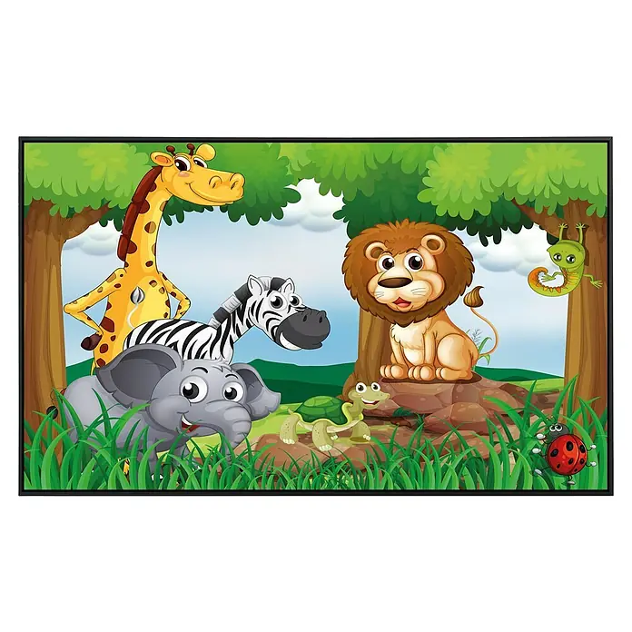 Papermoon Infrarot-Bildheizkörper Dschungeltiere 1 - 60 x 50 cm, 350 W - Ein fröhliches Dschungel-Wandbild mit freundlichen Tieren wie Löwe, Giraffe, Zebra und Elefant, perfekt für Kinderzimmer.