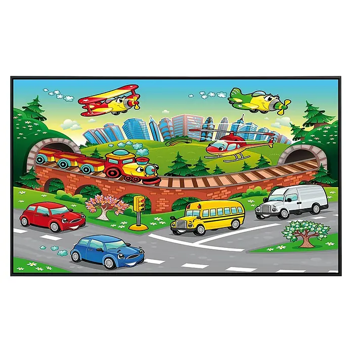 Papermoon Infrarot-Bildheizkörper Kinder Reisen - 100 cm x 600 mm, 800 W - Cartoon-Illustration mit verschiedenen Transportmitteln wie Flugzeugen, Autos, Zügen und Bussen in einer lebhaften Stadtlandschaft.