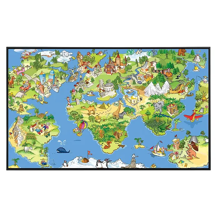 Papermoon Infrarot-Bildheizkörper Kinderweltkarte - 100 x 60 cm, 800 W - Eine Weltkarte im Cartoon-Stil mit verschiedenen Tieren, Wahrzeichen und kulturellen Symbolen aus aller Welt.