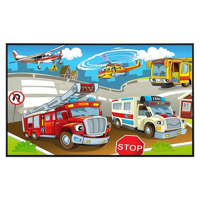 Papermoon Infrarot-Bildheizkörper Kinder Autos - 100 cm x 600 mm, 800 W - Ein farbenfrohes Bild mit verschiedenen Cartoon-Fahrzeugen, darunter ein Feuerwehrauto, ein Krankenwagen, ein Bus, ein Hubschrauber und ein Flugzeug, alle mit freundlichen Gesichtern.