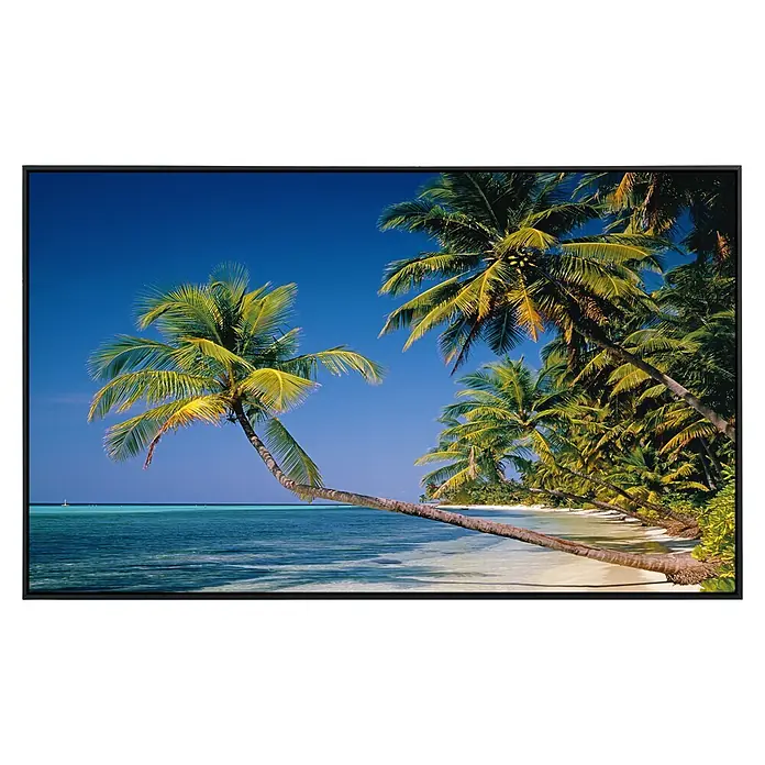 Papermoon Infrarot-Bildheizkörper Palmenstrand - 120 cm x 600 mm, 1.200 W - Tropisches Strandbild in einem schwarzen Rahmen. Palmen und blaues Meer sorgen für Urlaubsstimmung.