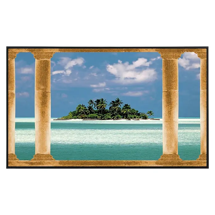 Papermoon Infrarot-Bildheizkörper Palmeninsel Malediven - 100 cm x 600 mm, 600 W - Ein gerahmtes Bild mit Säulen, die einen Blick auf eine tropische Insel mit türkisfarbenem Wasser und blauem Himmel ermöglichen.