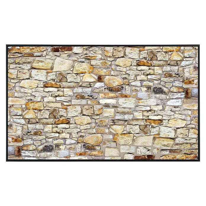 Papermoon Infrarot-Bildheizkörper Die Mauer 2 - 120 x 60 cm, 1.000 W - Detailaufnahme einer rustikalen Steinwand mit variierenden Größen, Formen und natürlichen Farbtönen, umrahmt von einem schwarzen Rahmen.