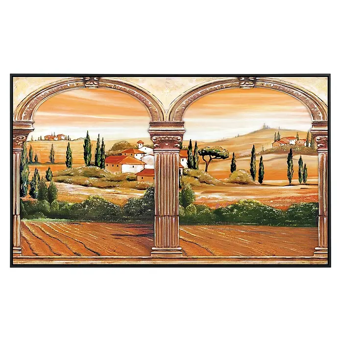 Papermoon Infrarot-Bildheizkörper Toskana - 60 cm x 500 mm, 350 W - Ein Gemälde im Querformat mit einer toskanischen Landschaft, gerahmt von einem Säulenbogen und einem Blick auf ein friedliches Tal.