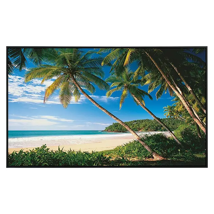 Papermoon Infrarot-Bildheizkörper Palmenstrand 2 - 90 x 50 cm, 450 W - Ein atemberaubendes Wandbild mit Palmen, die sich zum Strand neigen, gerahmt in einem eleganten schwarzen Rahmen. Bringt tropische Entspannung in Ihr Zuhause.