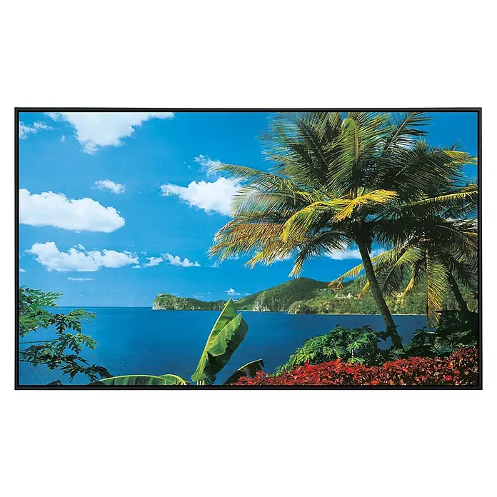 Papermoon Infrarot-Bildheizkörper St. Lucia - 120 x 60 cm, 1.000 W - Ein gerahmtes Bild, das eine tropische Szene mit Palmen, blauem Meer und Inseln unter einem Himmel mit weißen Wolken zeigt.