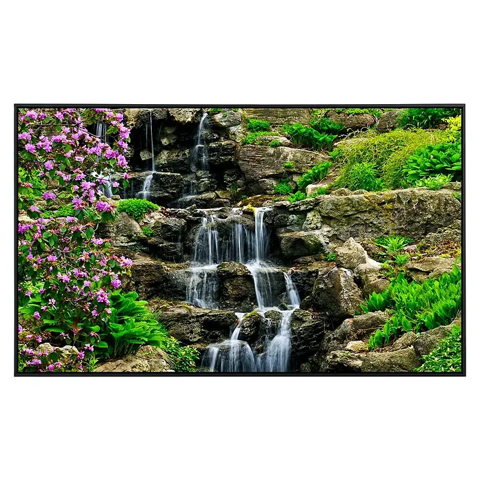 Papermoon Infrarot-Bildheizkörper Kaskadierender Wasserfall - 60 x 50 cm, 350 W - Malerische Kaskaden mit üppigem Grün und lila Blüten, eingefangen in einem hochwertigen Druck für Ihr Zuhause.