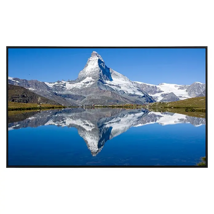 Papermoon Infrarot-Bildheizkörper Matterhorn - 100 cm x 600 mm, 800 W - Das Matterhorn spiegelt sich malerisch im klaren Wasser eines Sees, umgeben von schneebedeckten Bergen und grünen Wiesen. Eine atemberaubende Landschaft.