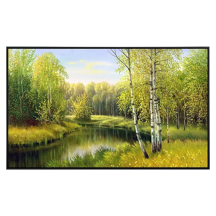 Papermoon Infrarot-Bildheizkörper Fluss im Herbsttag - 100 cm x 600 mm, 800 W - Gemälde mit Birken am Seeufer, das die friedliche Natur und die Schönheit des Waldes in lebendigen Farben einfängt.