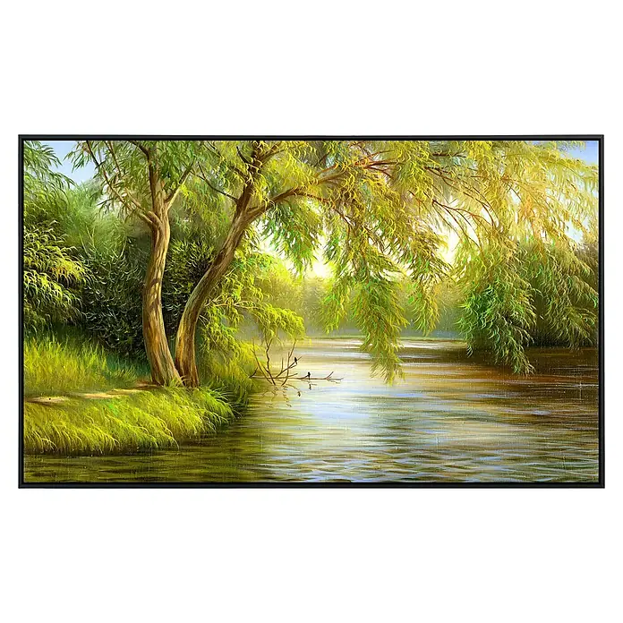 Papermoon Infrarot-Bildheizkörper Summer Wood Lake - 100 x 60 cm, 800 W - Malerei mit Uferlandschaft, Bäumen, Wasser und sanftem Licht. Die friedliche Szene fängt die Schönheit der Natur in ruhigen Farbtönen ein.