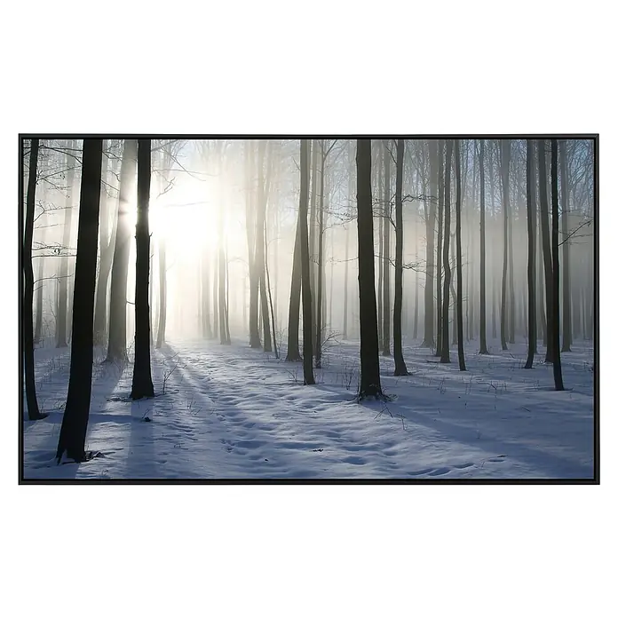 Papermoon Infrarot-Bildheizkörper Nebeliger Winterwald - 100 x 60 cm, 800 W - Winterwald im Licht: Verschneite Landschaft mit Bäumen, die von hellem Sonnenlicht durchflutet werden, eingefangen in einem stilvollen Rahmen.