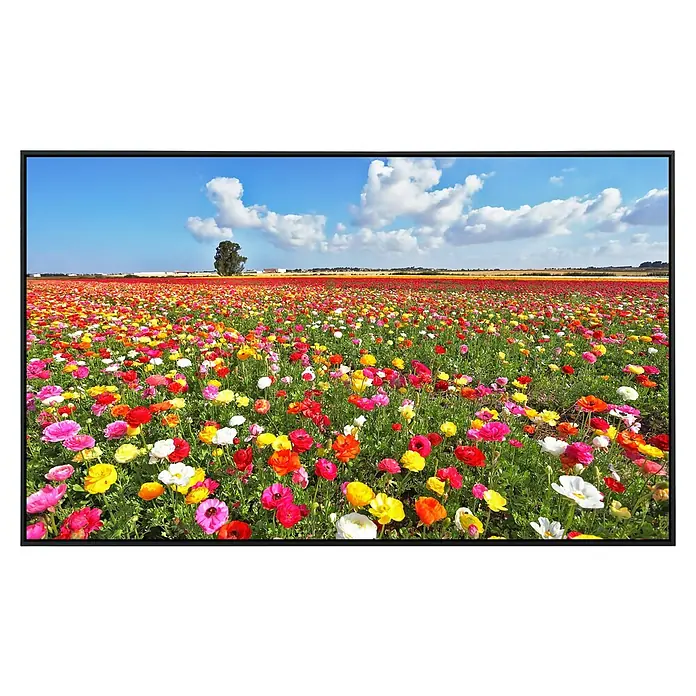 Papermoon Infrarot-Bildheizkörper Garten Butterblumen - 120 x 60 cm, 1.000 W - Farbenfrohes Blumenfeld mit einem Baum im Hintergrund und einem strahlend blauen Himmel mit Wolken.