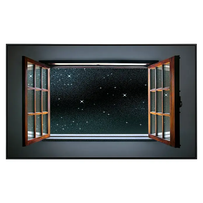 Papermoon Infrarot-Bildheizkörper Klarer Sternenhimmel - 100 x 60 cm, 600 W - Offenes Fenster mit Blick auf einen klaren Sternenhimmel. Das Fenster ist aus dunklem Holz und die Sterne leuchten hell.