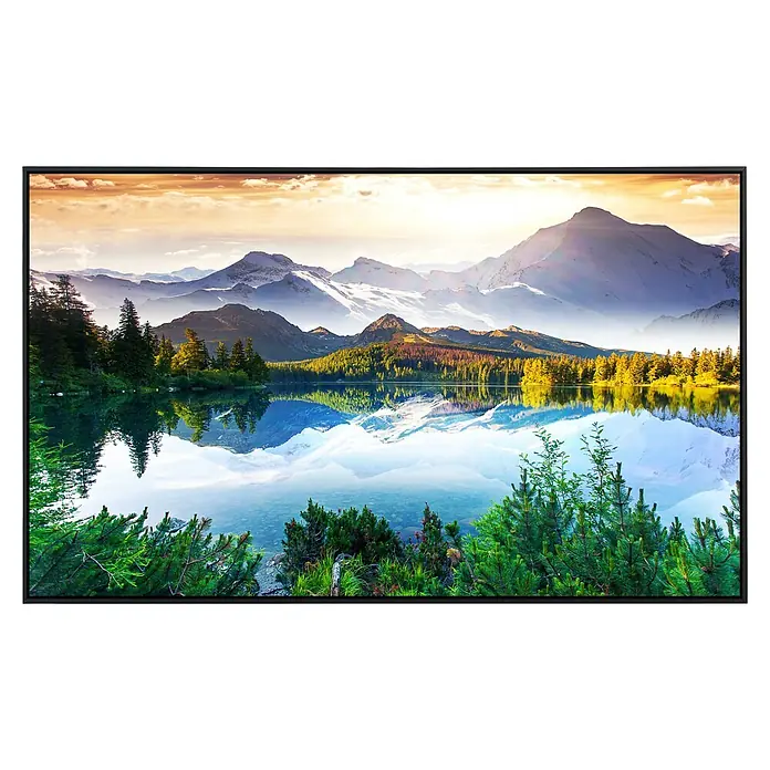 Papermoon Infrarot-Bildheizkörper Bergsee 1 - 120 cm x 600 mm, 1.000 W - Landschaftsgemälde mit klarem See und schneebedeckten Bergen, gerahmt in einem eleganten schwarzen Rahmen.