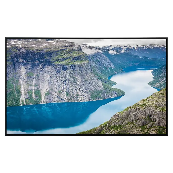 Papermoon Infrarot-Bildheizkörper Norwegischer Fjord - 100 x 60 cm, 600 W - Berglandschaft mit blauem Fjord im TV-Bildschirm. Ein visuelles Highlight für ein immersives Fernseherlebnis.