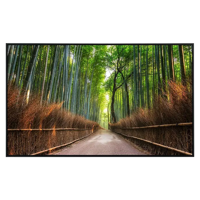Papermoon Infrarot-Bildheizkörper Bambushain von Kyoto - 90 cm x 500 mm, 450 W - Bambuswald-Wandbild im schwarzen Rahmen. Die Fotografie zeigt einen Weg gesäumt von Bambusbäumen und einem Zaun.