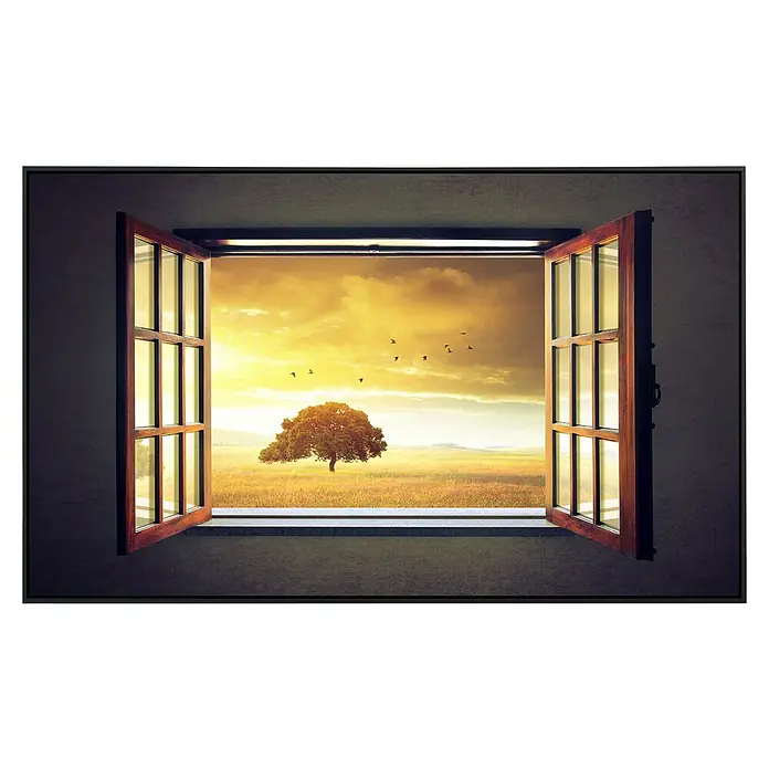 Papermoon Infrarot-Bildheizkörper Sonniger Frühling - 120 cm x 600 mm, 1.200 W - Offenes Fenster mit Blick auf eine sonnige Landschaft. Das Fenster ist aus Holz und gibt den Blick auf eine friedliche Natur frei.