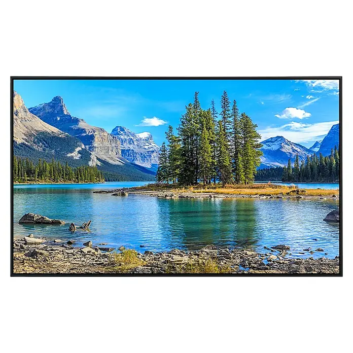 Papermoon Infrarot-Bildheizkörper Geisterinsel im Maligne See - 100 cm x 600 mm, 800 W - Das Bild zeigt einen Fernseher mit einem atemberaubenden Bergsee, der die hervorragende Bildqualität hervorhebt.