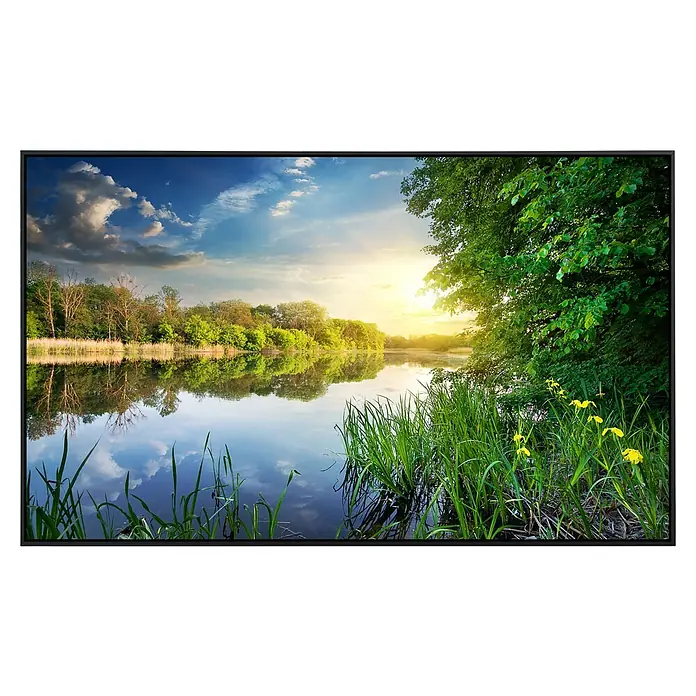 Papermoon Infrarot-Bildheizkörper Fluss bei Sonnenuntergang - 60 x 50 cm, 350 W - Großaufnahme eines Fernsehers mit einem schönen Seebild, das die Klarheit und Farbbrillanz des Fernsehers hervorhebt.