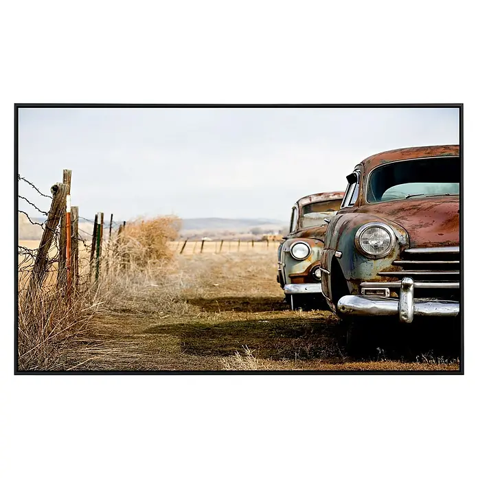 Papermoon Infrarot-Bildheizkörper Vintage rostende Autos - 60 x 50 cm, 350 W - Zwei Oldtimer-Autos stehen auf einem Feld mit einem Stacheldrahtzaun im Vordergrund. Die Autos sind verrostet und zeigen deutliche Gebrauchsspuren.