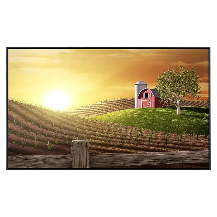 Papermoon Infrarot-Bildheizkörper Morgen auf dem Bauernhof - 120 x 60 cm, 1.200 W - Idyllische Farmkulisse mit einem roten Bauernhaus, Feldern im Sonnenuntergang und einer Holzzaun im Vordergrund.