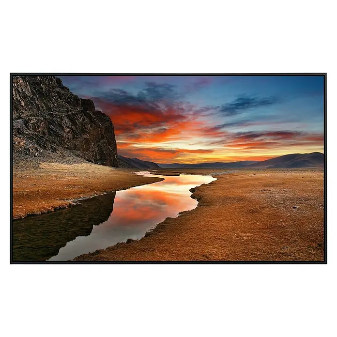 Papermoon Infrarot-Bildheizkörper Mongolischer Tagesanbruch - 90 x 50 cm, 450 W - Landschaftsgemälde in einem schwarzen Rahmen. Das Gemälde zeigt einen Fluss, der sich durch eine felsige Landschaft schlängelt. Sonnenuntergang am Horizont.