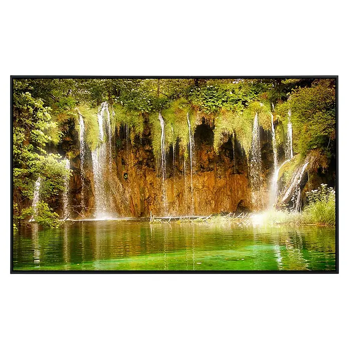 Papermoon Infrarot-Bildheizkörper Feenwasserfall120 x 90 cm, 1.200 W - Malerischer Wasserfall speist einen smaragdgrünen See, umrahmt von üppigem Grün und einer robusten Felswand. Die Schönheit der Natur eingefangen.