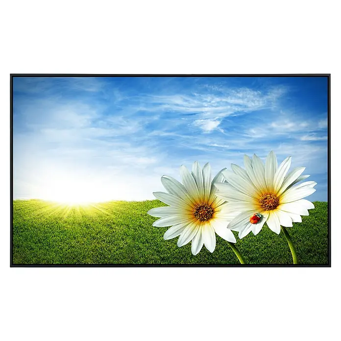 Papermoon Infrarot-Bildheizkörper Frühlingsgänseblümchen - 120 cm x 600 mm, 1.200 W - Ein Display mit einem beruhigenden Bild von Gänseblümchen auf einer grünen Wiese unter einem strahlend blauen Himmel.
