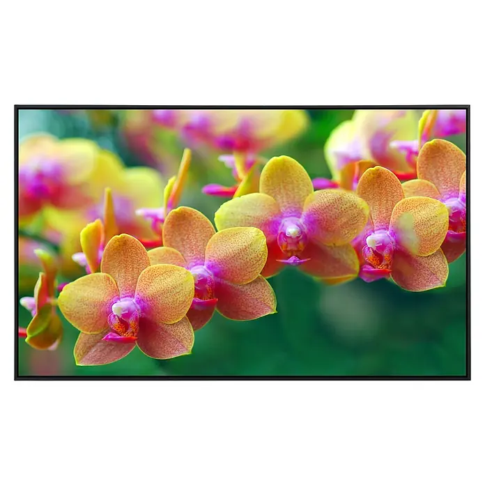 Papermoon Infrarot-Bildheizkörper Goldene Orchideen 2 - 100 x 60 cm, 600 W - Nahaufnahme einer blühenden Orchidee in leuchtenden Gelb- und Rosatönen, perfekt für elegante Dekorationen.