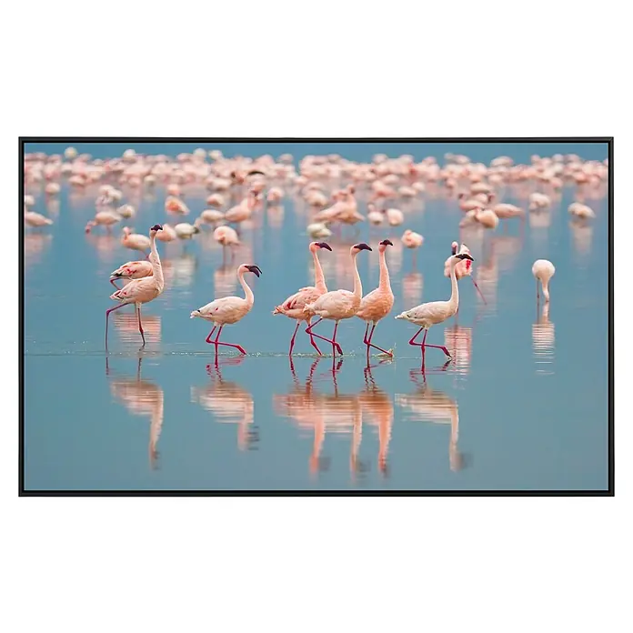 Papermoon Infrarot-Bildheizkörper Flamingos80 x 60 cm, 450 W - Eine Gruppe von Flamingos watet im Wasser, ihre Spiegelbilder spiegeln sich im ruhigen Wasser unter einem großen Vogelschwarm.