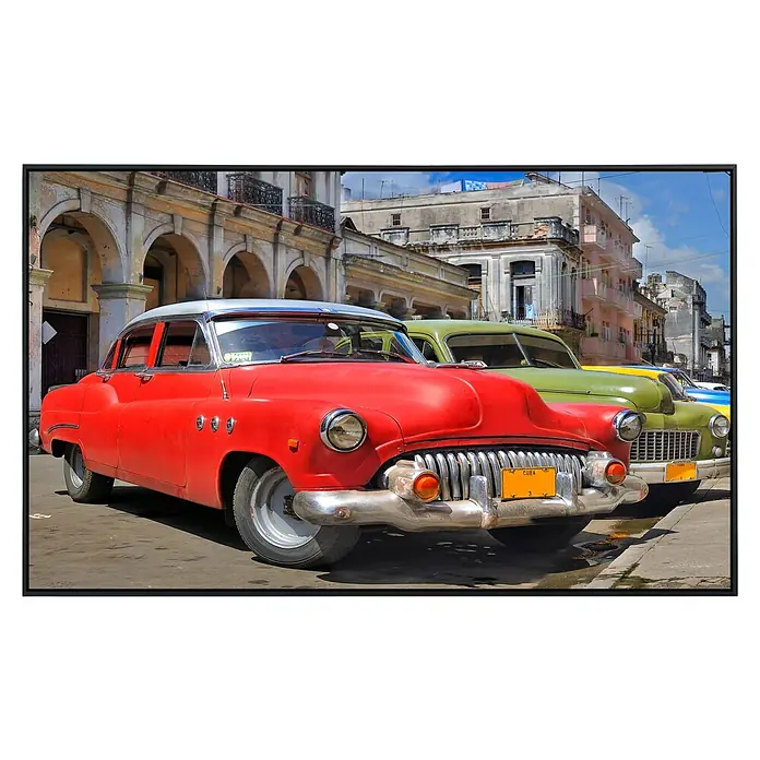 Papermoon Infrarot-Bildheizkörper Havanna Oldtimer 1 - 60 x 50 cm, 350 W - Ikonische rote Oldtimer in Havanna, Kuba, mit strahlendem Chrom, der die faszinierende Architektur der Stadt widerspiegelt.