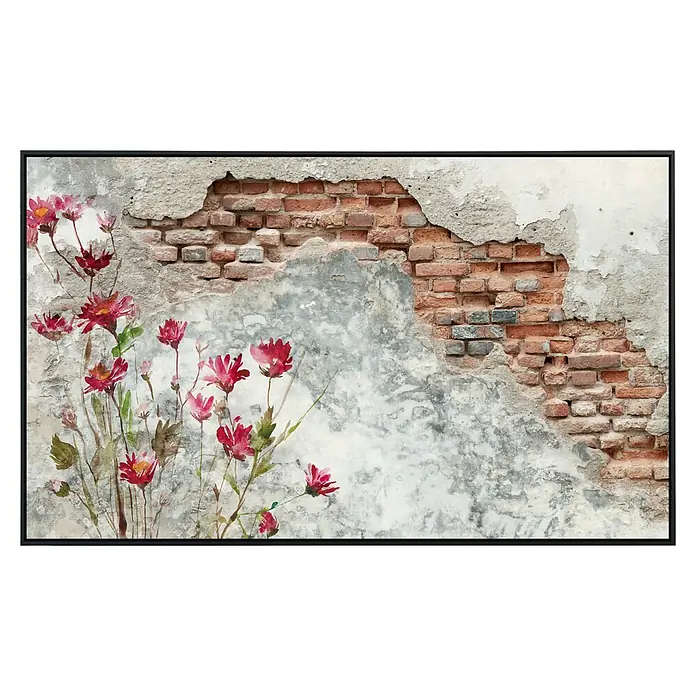 Papermoon Infrarot-Bildheizkörper Ziegelwand 2 - 100 cm x 600 mm, 800 W - Wandkunst mit roten Blumen vor einem alten Backsteinmauerwerk. Dekoratives Gemälde für Wohnzimmer oder Büro.
