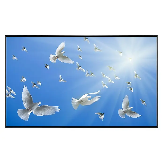 Papermoon Infrarot-Bildheizkörper Weiße Tauben 2 - 90 cm x 500 mm, 450 W - Ein sonniger Himmel voller fliegender, weißer Tauben, eingefangen in einem modernen, schwarzen Bilderrahmen.