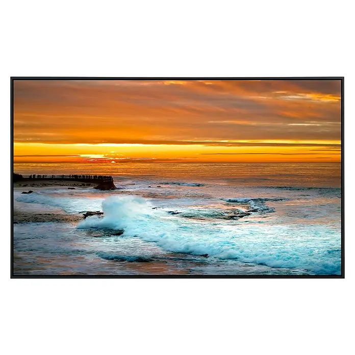 Papermoon Infrarot-Bildheizkörper Sonnenuntergang in La Jolla - 100 x 60 cm, 800 W - Ozeanlandschaft im Rahmen: Lebendiges Orange des Sonnenuntergangs trifft auf schäumende Wellen, eingefasst in elegantem Schwarz für einen modernen Look.