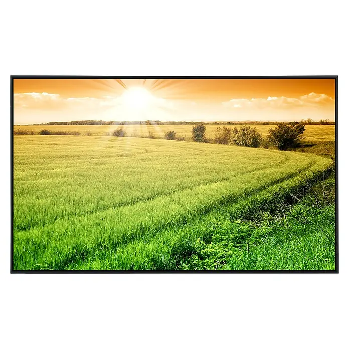 Papermoon Infrarot-Bildheizkörper Feld des frischen Getreides - 90 x 50 cm, 450 W - Ein Fernseher zeigt ein lebhaftes Feld mit üppigem Grün und goldenem Himmel, ideal für ein immersives Seherlebnis.