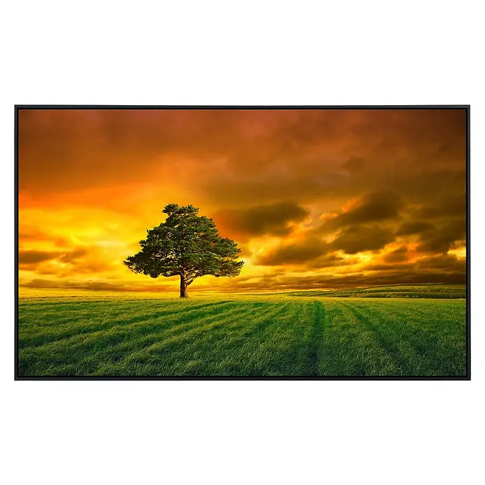 Papermoon Infrarot-Bildheizkörper Horizont Sonnenuntergang - 120 x 60 cm, 1.000 W - Landschaftsgemälde mit Baum im Vordergrund, dramatischer Himmel und weitem Feld in warmen Farben, gerahmt für die Wand.