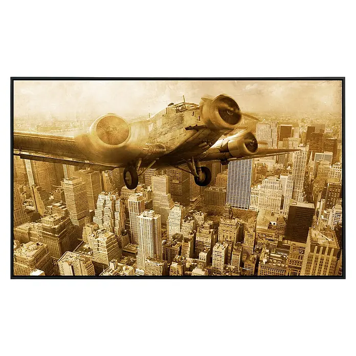 Papermoon Infrarot-Bildheizkörper Flugzeug über Manhattan - 100 x 60 cm, 600 W - Altes Flugzeug überfliegt eine Stadt.